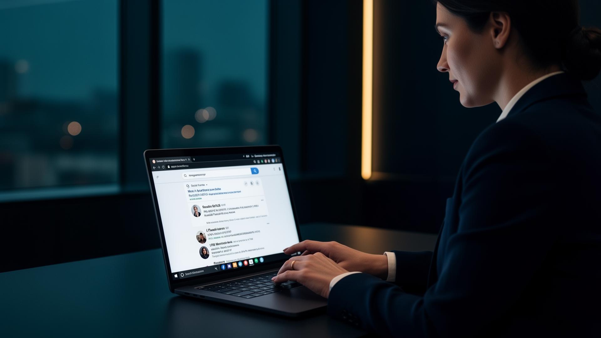 A professional reviewing their search results and social profiles on a laptop in a quiet office